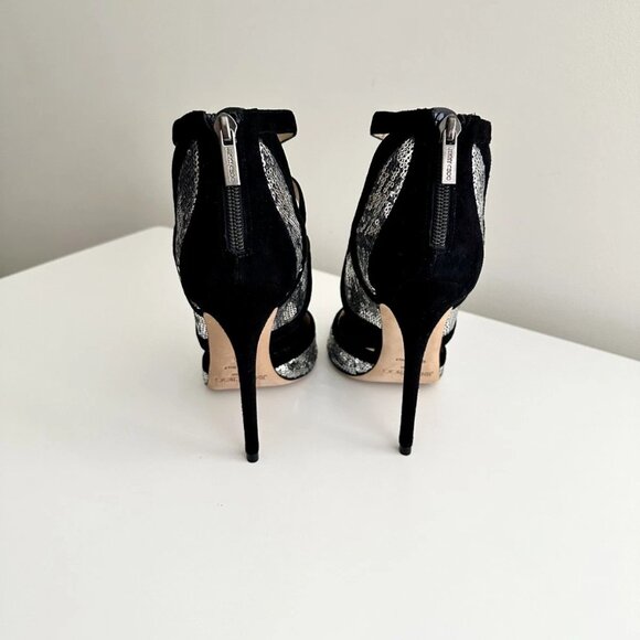 NEW JIMMY CHOO Tempest Black Suede Silver Sequin Cutout Heels Sandals Size 38 - Picture 8 of 11